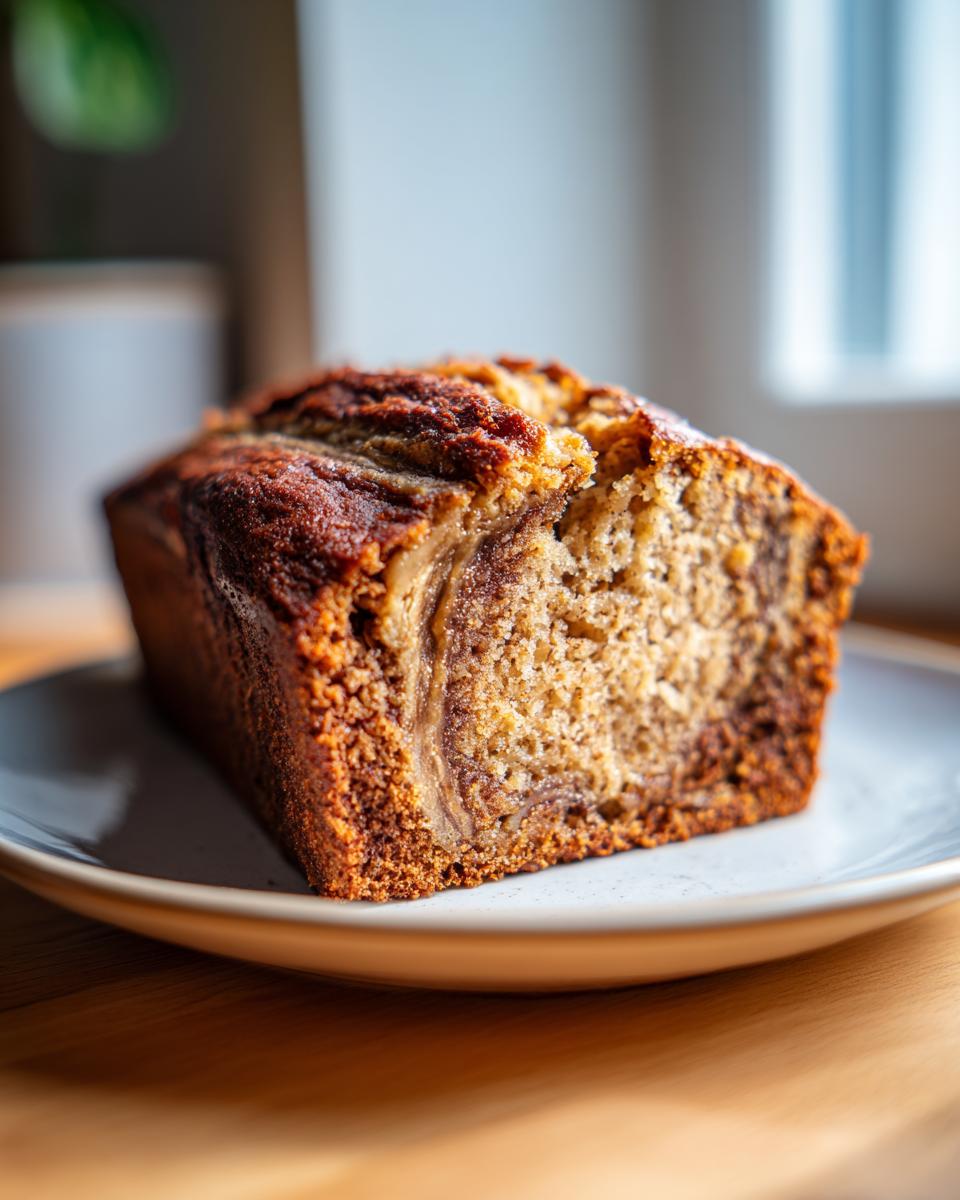 A close-up of a freshly baked peanut butter banana bread loaf, showing a moist crumb and peanut butter swirl.