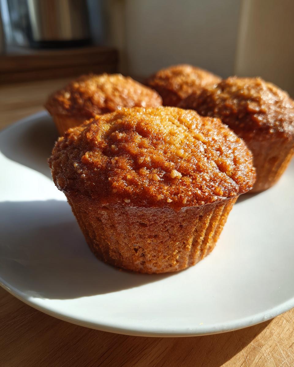 Close-up of a golden brown peanut butter banana bread muffins with a sugary crust, sitting on a white plate.