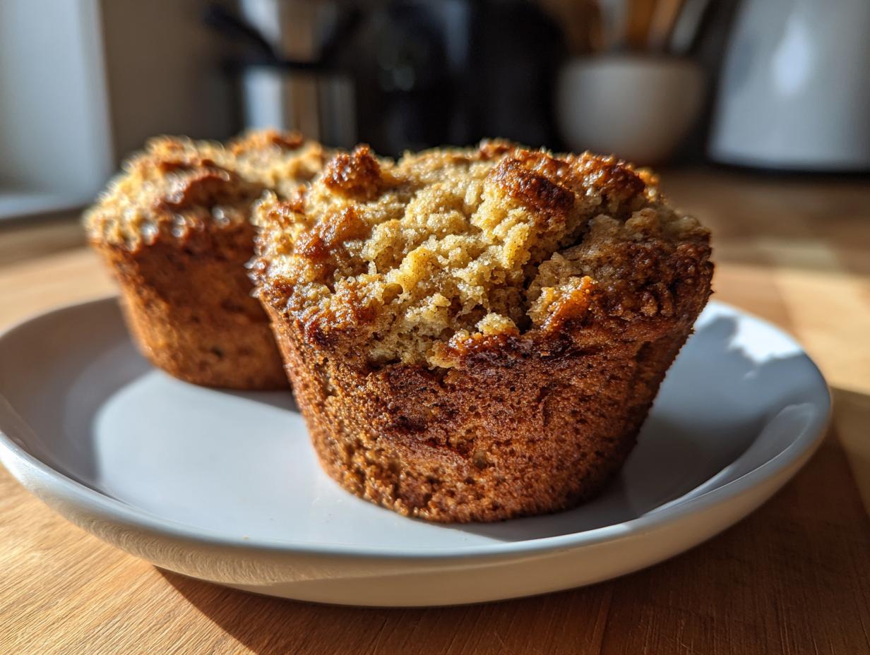 Two freshly baked peanut butter banana bread muffins with golden, crumbly tops sitting on a small white plate.