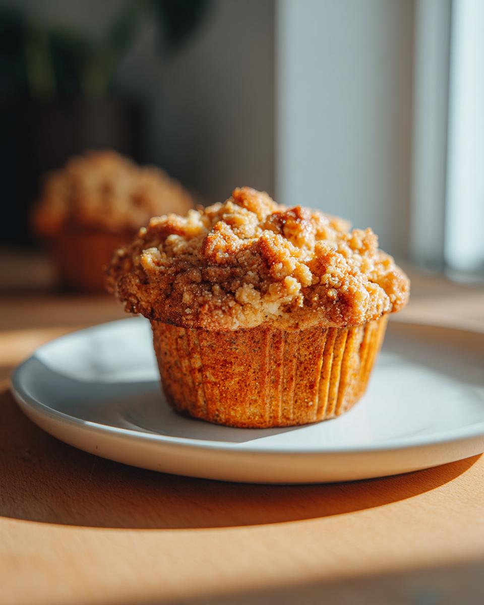 Close-up of a single peanut butter banana bread muffins topped with golden brown streusel, sitting on a white plate.