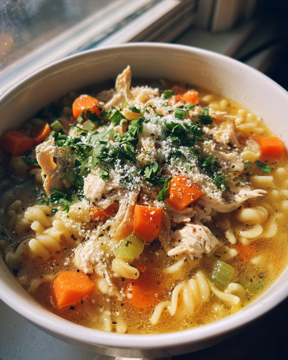 A close-up of a warm bowl of penicillin soup featuring shredded chicken, rotini pasta, carrots, celery, and a topping of Parmesan cheese and parsley.