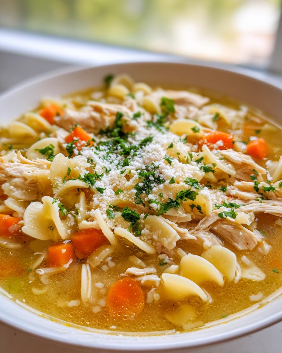Close-up of a white bowl filled with hot penicillin soup, featuring shredded chicken, pasta, carrots, and topped with parmesan cheese and parsley.