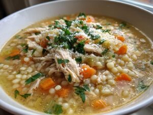 Close-up of a comforting bowl of penicillin soup featuring shredded chicken, acini di pepe pasta, carrots, and topped with Parmesan cheese and parsley.
