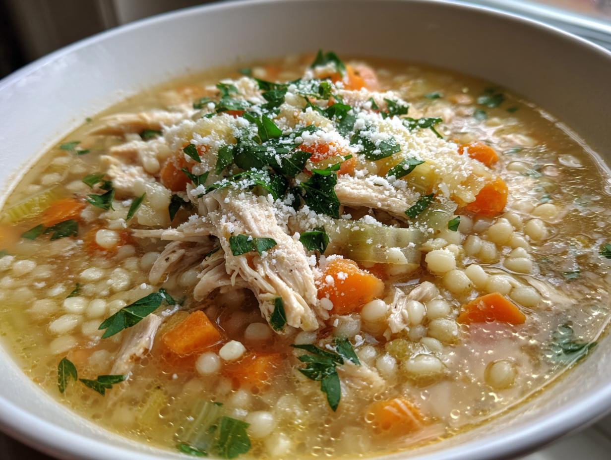 Close-up of a comforting bowl of penicillin soup featuring shredded chicken, acini di pepe pasta, carrots, and topped with Parmesan cheese and parsley.