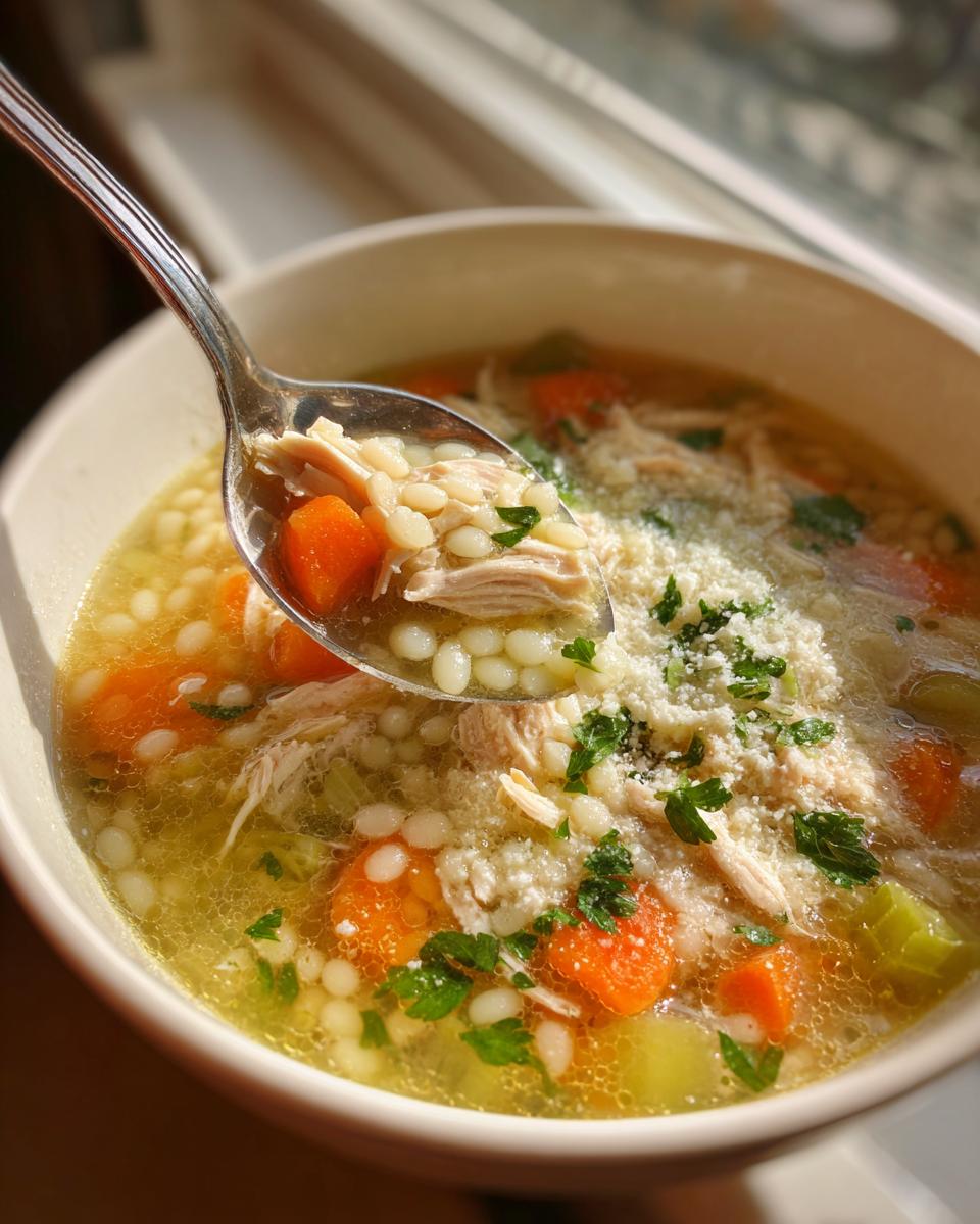 A spoonful of penicillin soup featuring shredded chicken, acini di pepe pasta, carrots, and Parmesan cheese being lifted from a bowl.