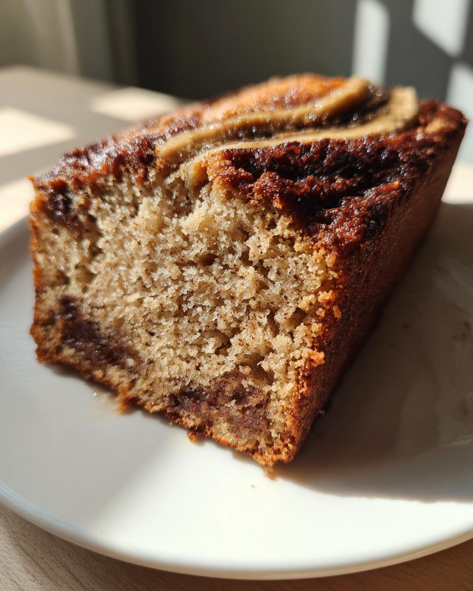 Close-up of a moist slice of gluten free peanut butter banana bread with a caramelized banana topping.