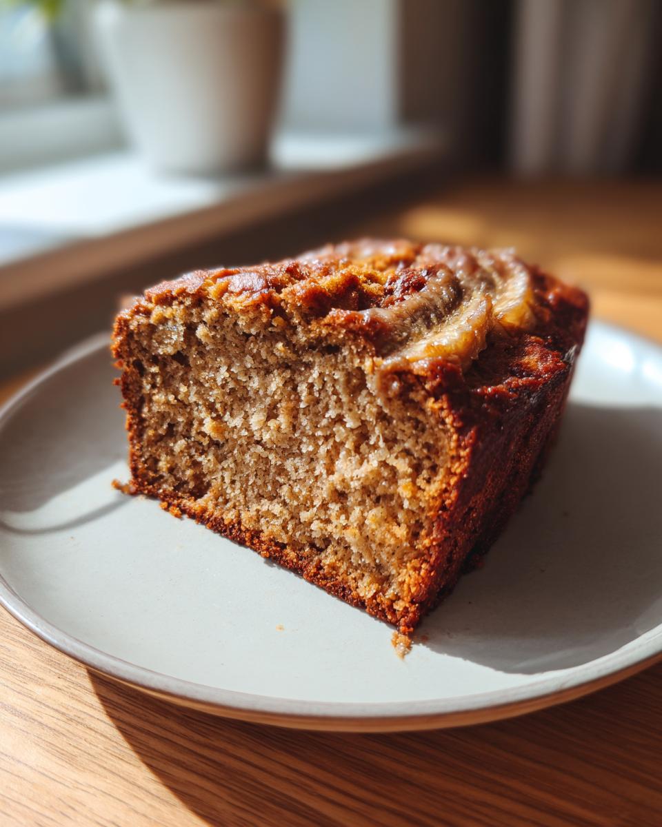 A close-up of a thick slice of moist peanut butter banana bread, topped with caramelized banana slices, sitting on a light blue plate.