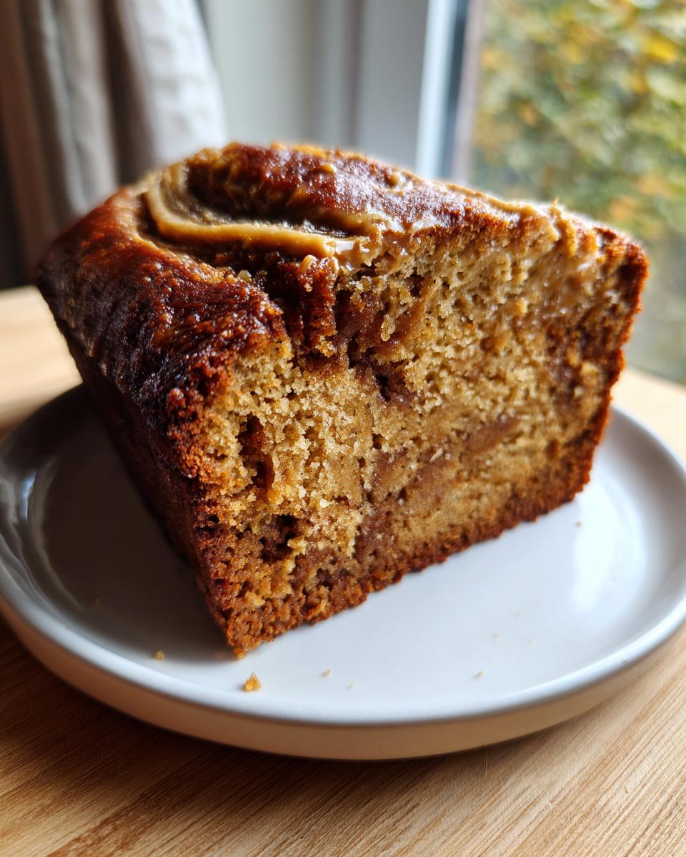 A thick slice of moist peanut butter banana bread with a visible peanut butter swirl on top, served on a white plate.