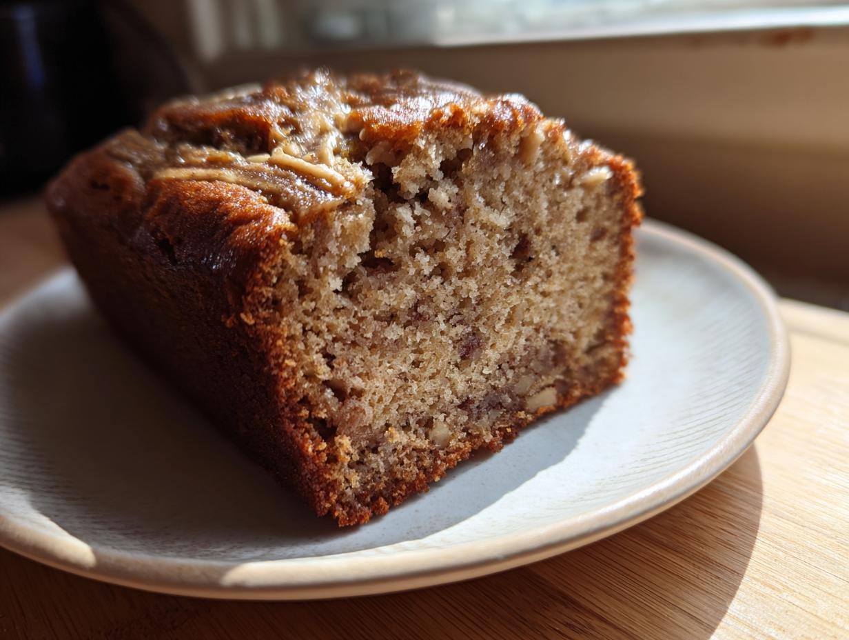 A close-up of a moist slice of peanut butter banana bread on a light plate, showing its texture and caramelized top.