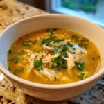 Close-up of a white bowl filled with golden italien penicillin soup, featuring shredded chicken and fresh parsley garnish.